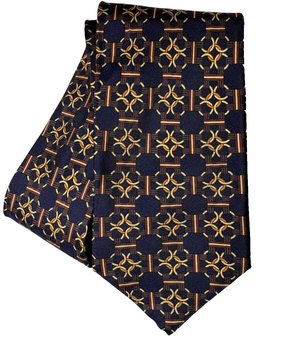 Ted Lapidus Silk Tie USA Navy Blue Gold Yellow Burgundy Circle Chain 4" 56.5" L